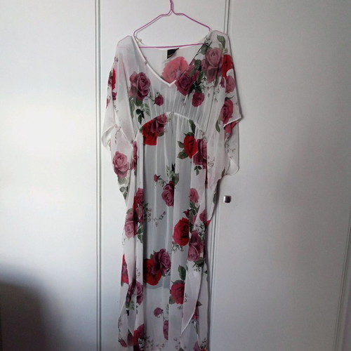 Yellow+ floral caftan dress airy long used with black inner slip dress