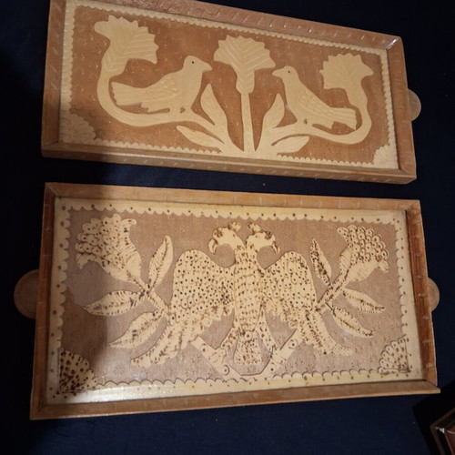 Woodcarved serving trays with glass, like new, set of 2