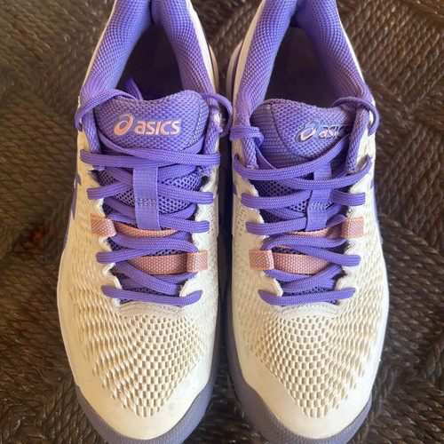 Asics Gel-Game 8 women's tennis shoes, size 39.5, white with purple and salmon