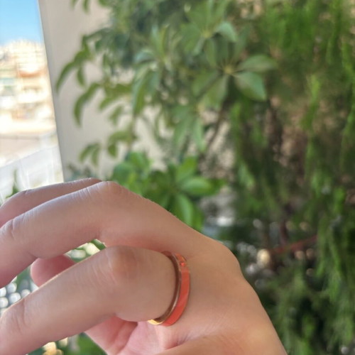 Loisir stainless steel ring with coral enamel and zircon like new