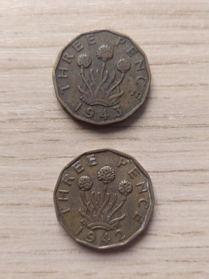 3 Pence Coins used, United Kingdom 1942-43, George the Sixth