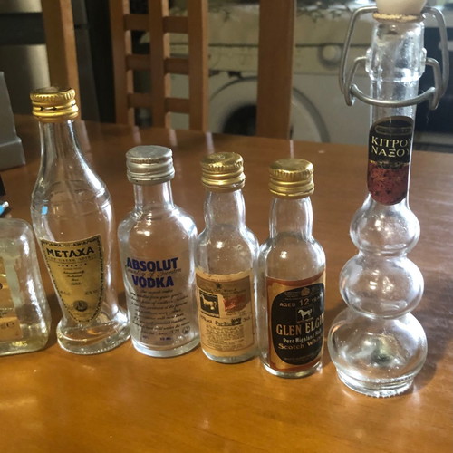 Glass miniature bottles used, pack of 7, vintage spirit collection