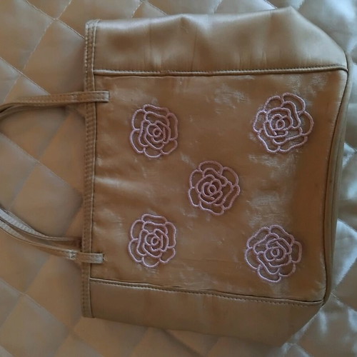 Small satin Oriflame handbag used, beige with embroidered roses
