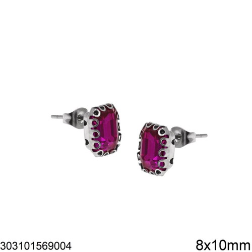 Stainless Steel Earrings Stud with Rectangular 8x10mm Fuchsia Strass new