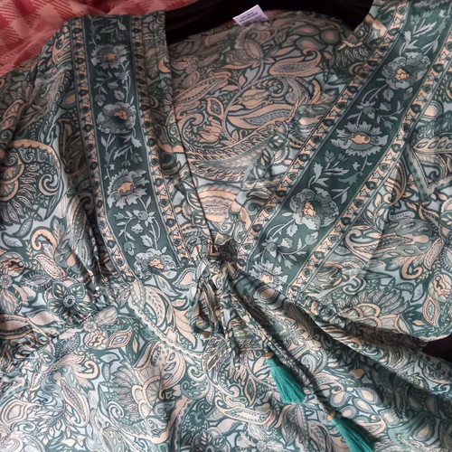 Summer silk dress like new, petrol-green-beige pattern, sizes M-L