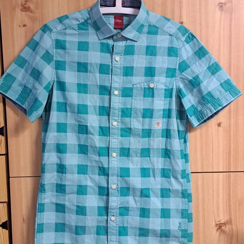 S.Oliver Men's Checked Short-Sleeve Shirt like new, green-white