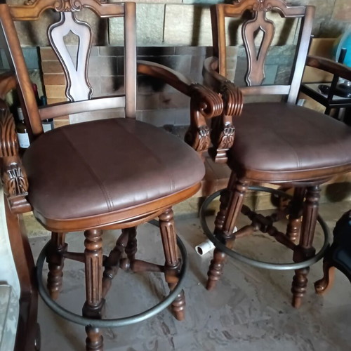 Kourtis two wooden swivel bar stools, handcrafted, leather upholstery, neoclassical
