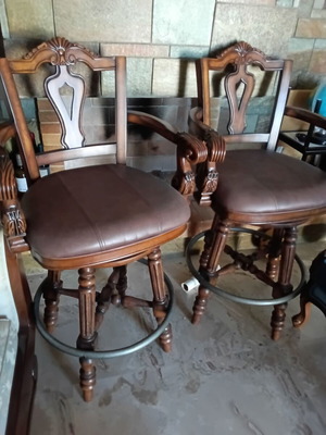 Kourtis two wooden swivel bar stools, handcrafted, leather upholstery, neoclassical
