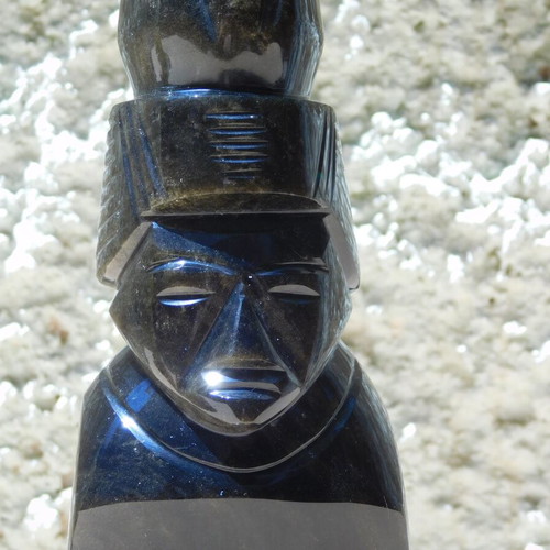 Handmade Maya Aztec Statue from Gold Sheen Obsidian, like new