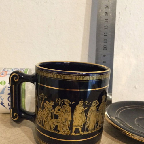 Cup and saucer traditional Greek souvenir 24 gold painting like new
