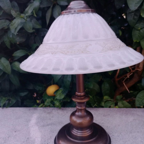 Bronze table lamp antique used with opaline shade