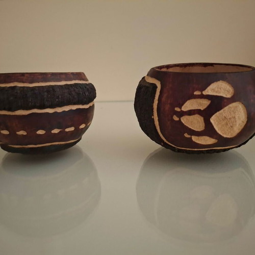 Set of two handmade carved bark bowls from Tanzania