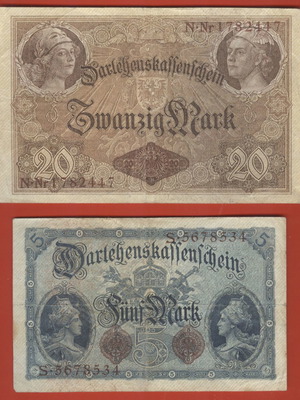 1914 5 & 20 Mark Darlehenskassenschein pack used