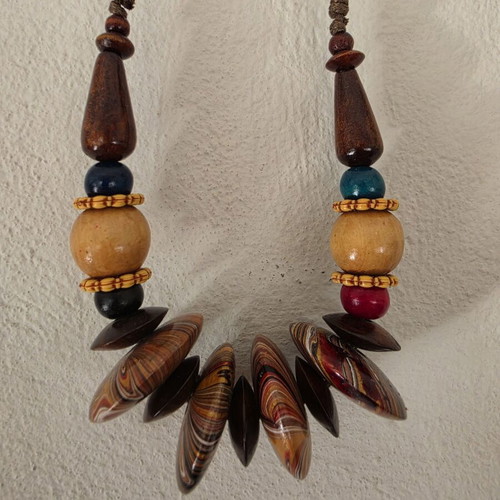 Boho statement necklace new, wooden beads in earthy tones