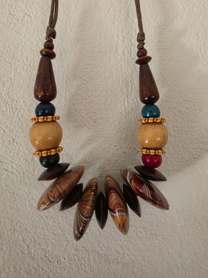 Boho statement necklace new, wooden beads in earthy tones