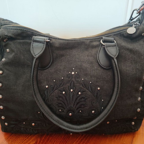 Desigual black grey denim crossbody bag used with embroidered flowers and studs