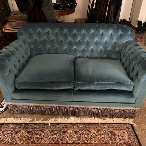 Vintage Spanish Chesterfield sofa set 3+2+armchair used, velvet petrol