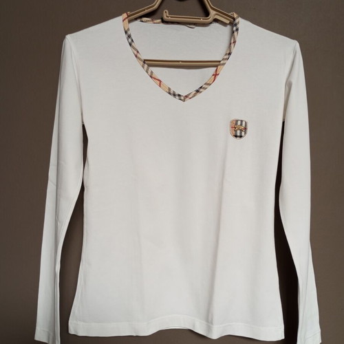 White women's long-sleeve blouse with classic checkered trim, like new