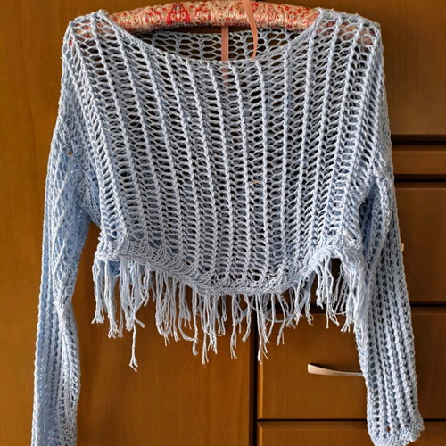 Crochet top light blue turquoise with fringe new, size S
