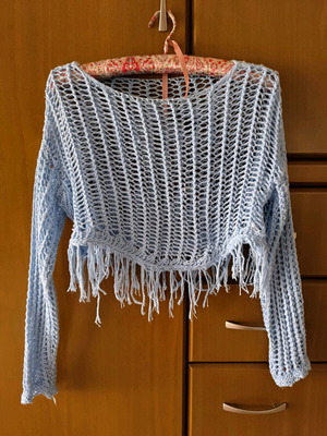 Crochet top light blue turquoise with fringe new, size S