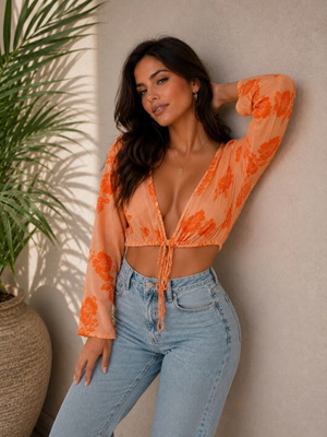 Floral Orange Crop Top with Front Tie Size S New with Tags
