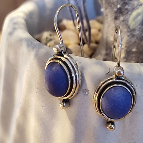 Silver earrings with blue oval stone, like new