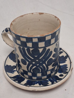 Transylvanian Ceramic Set used, cup and plate, cobalt blue, late 19th century
