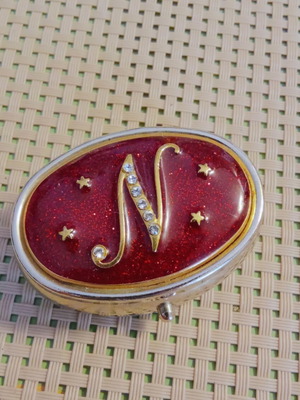 Vintage metal pillbox with red enamel and monogram N, like new