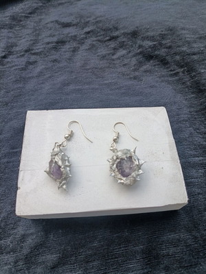 Industrial handmade earrings with natural amethyst