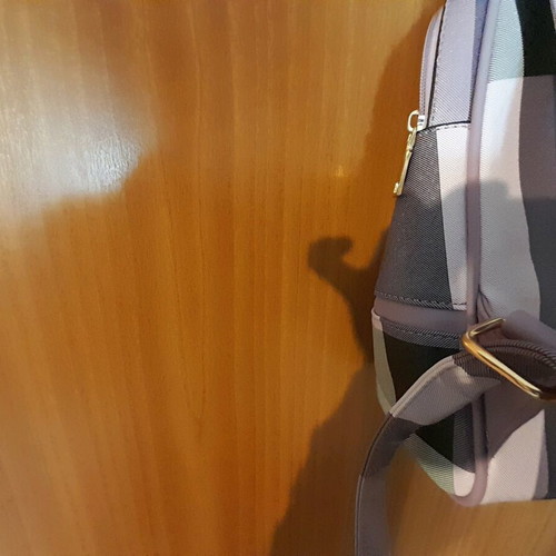 Women's backpack bag new, gray and purple faux leather