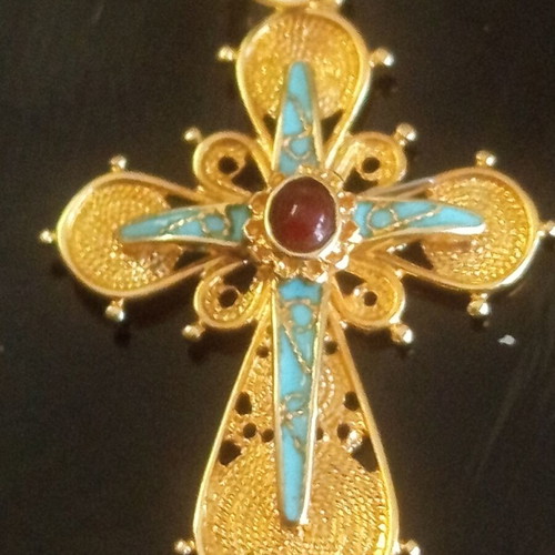 Apefthon 18k gold women's cross with turquoise and chain