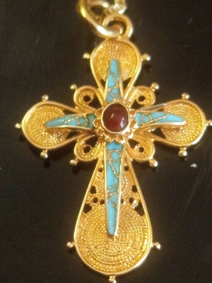 Apefthon 18k gold women's cross with turquoise and chain