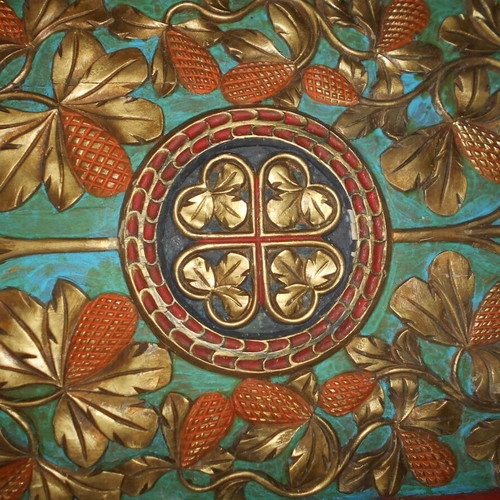 Woodcarving ecclesiastical used with excellent composition and colors 52x45 cm