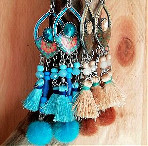 Σκουλαρίκια 4 boho style ατσάλι με ζιργκον μπλε και καφέ χρώμα, ύφασμα και χάντρες ρητίνης