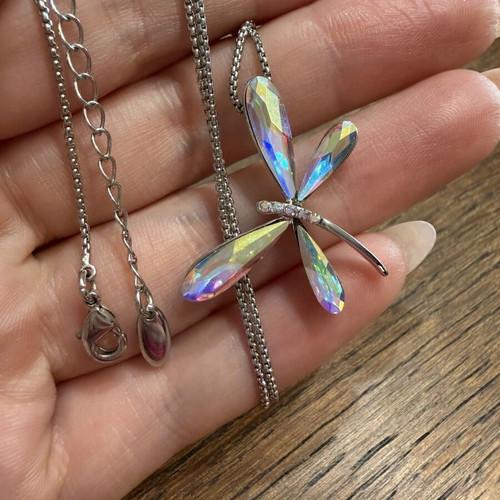 Dragonfly necklace new, stainless steel with iridescent colors