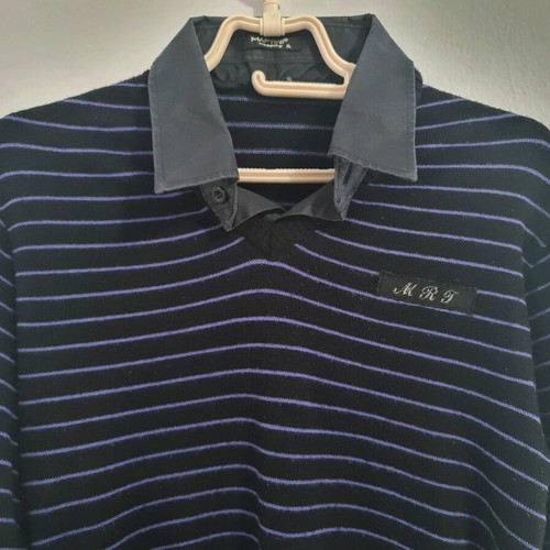Martini knitted blouse XL used, black with purple stripes and collar