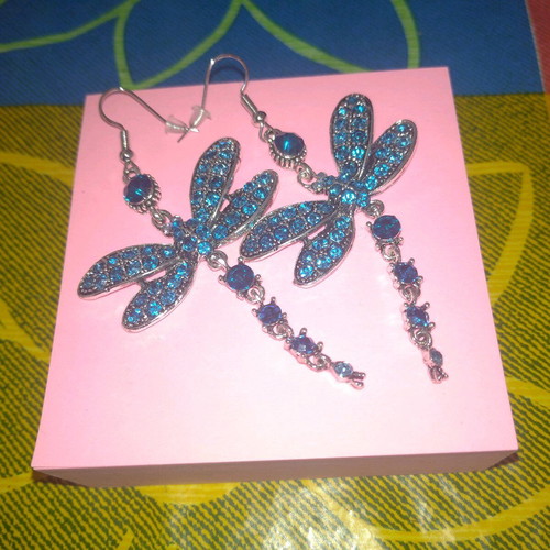 Dragonfly-shaped dangling earrings like new, blue and silver