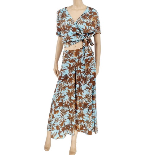 Silk set with wide palazzo pants and top, new, brown and turquoise