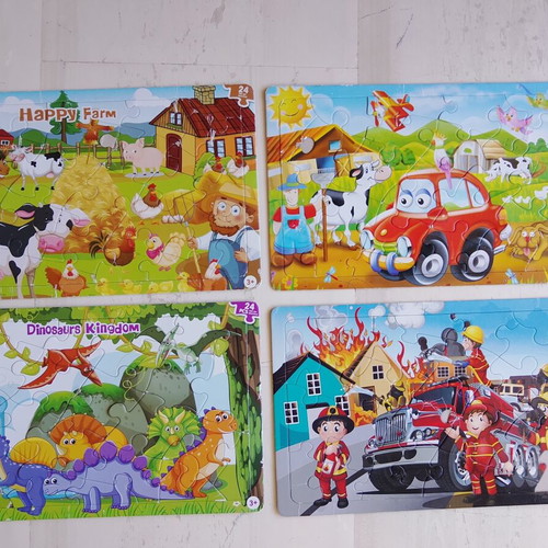 Children's puzzles 24 pieces set like new, farm dinosaurs fire truck