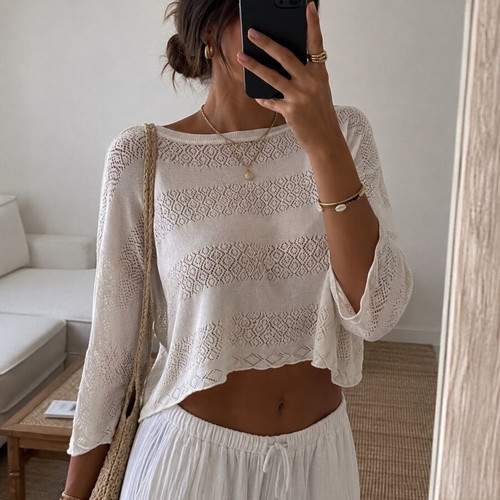 Stradivarius knitted top with 3/4 sleeves, like new, white, size M