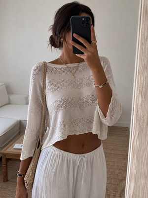 Stradivarius knitted top with 3/4 sleeves, like new, white, size M