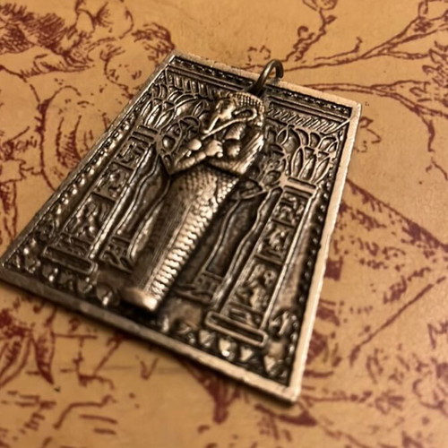 Egyptian metal pendant used, silver tone, 4x5 cm
