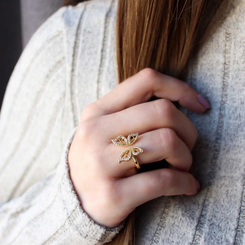 Butterfly Gold-Plated Ring with Zirconia Adjustable New
