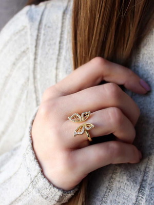 Butterfly Gold-Plated Ring with Zirconia Adjustable New