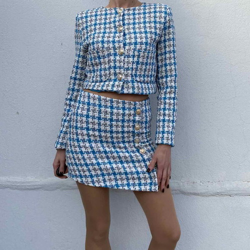 Crop blazer set with skirt like new, size S, white and turquoise
