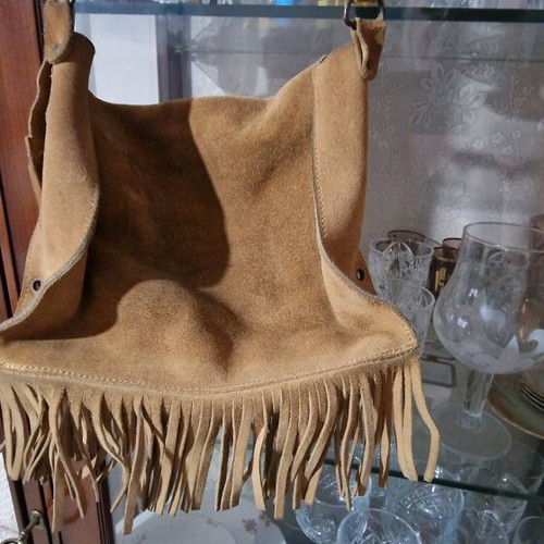 Shoulder bag used, genuine suede with brown fringes