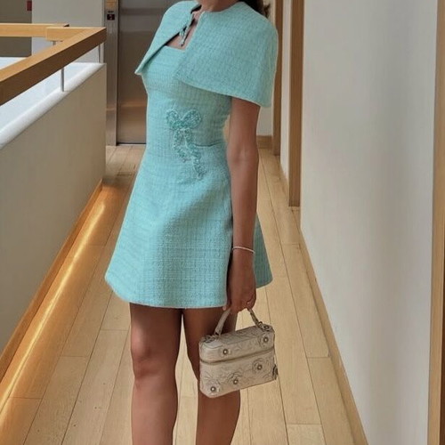 The Concept Tiffany Blue Dress with Embroidered Cape, New