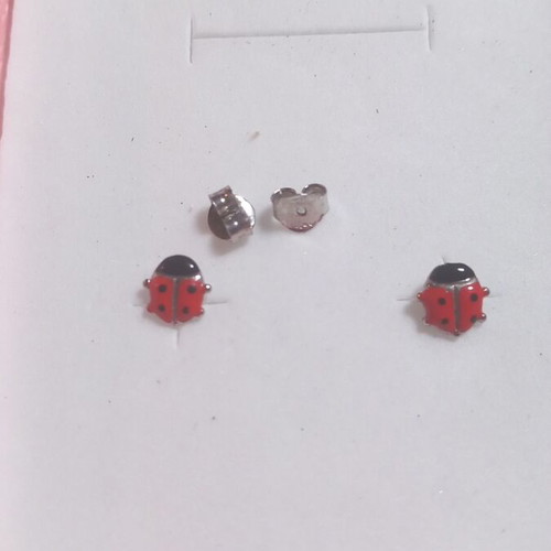 Children's silver 925° earrings with enamel ladybugs, new