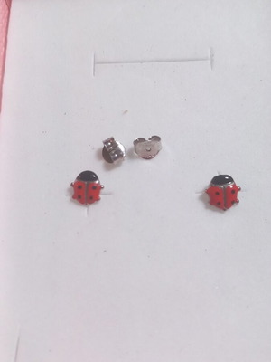 Children's silver 925° earrings with enamel ladybugs, new