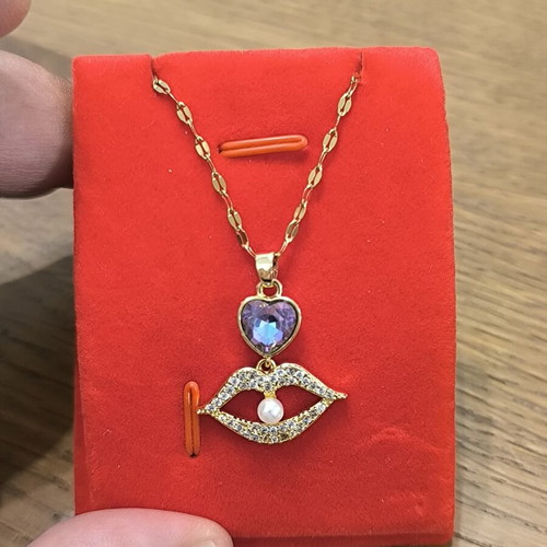 Gold Necklace with Purple Heart, Lips and Pearl, Stainless Steel, New